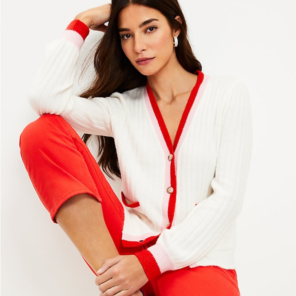 Loft Tipped Puff Sleeve V-Neck Cardigan - NWT Size Small